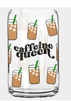 Caffeine Queen Clear beer can glass with coffee cup graphics