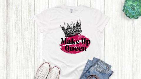 Short sleeve shirt with pink lips graphic with crown and "makeup queen" quote