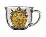 Golden flowers and "I Believe in Myself" quote on clear glass coffee mug