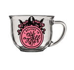 Clear glass coffee mug with pink florals and "i believe in myself quote"