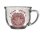 Burgundy floral design on clear glass coffee mug with "i believe in myself" text