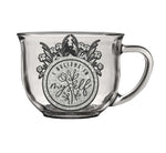 Clear glass mug with grey flowers and quote