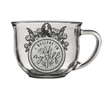 Clear glass mug with grey flowers and quote