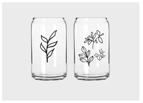 Beer can glass with botanical designs