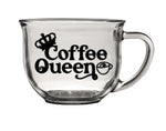 Glass coffee mug with "coffee queen" quote with crown graphic