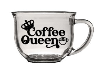 Glass coffee mug with "coffee queen" quote with crown graphic