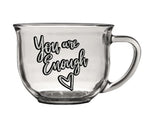 Shimmery silver quote on clear coffee glass mug