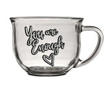 Shimmery silver quote on clear coffee glass mug