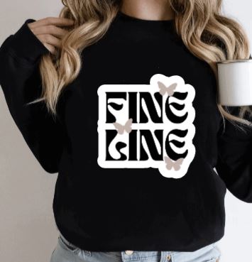Black crewneck sweatshirt with "fine line" graphic with butterflies