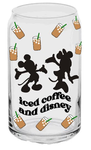 Beer can glass with Mickey and Minnie graphic with coffee cups and "Iced coffee and disney" quote