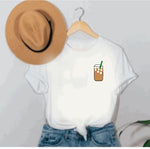 Iced coffee graphic on white short sleeved t-shirt