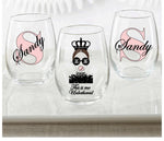 Stemless wine glass with luxury logo and "this is me unbothered" quote