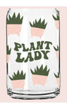 Beer can glass with plant lady quote and succulent graphics